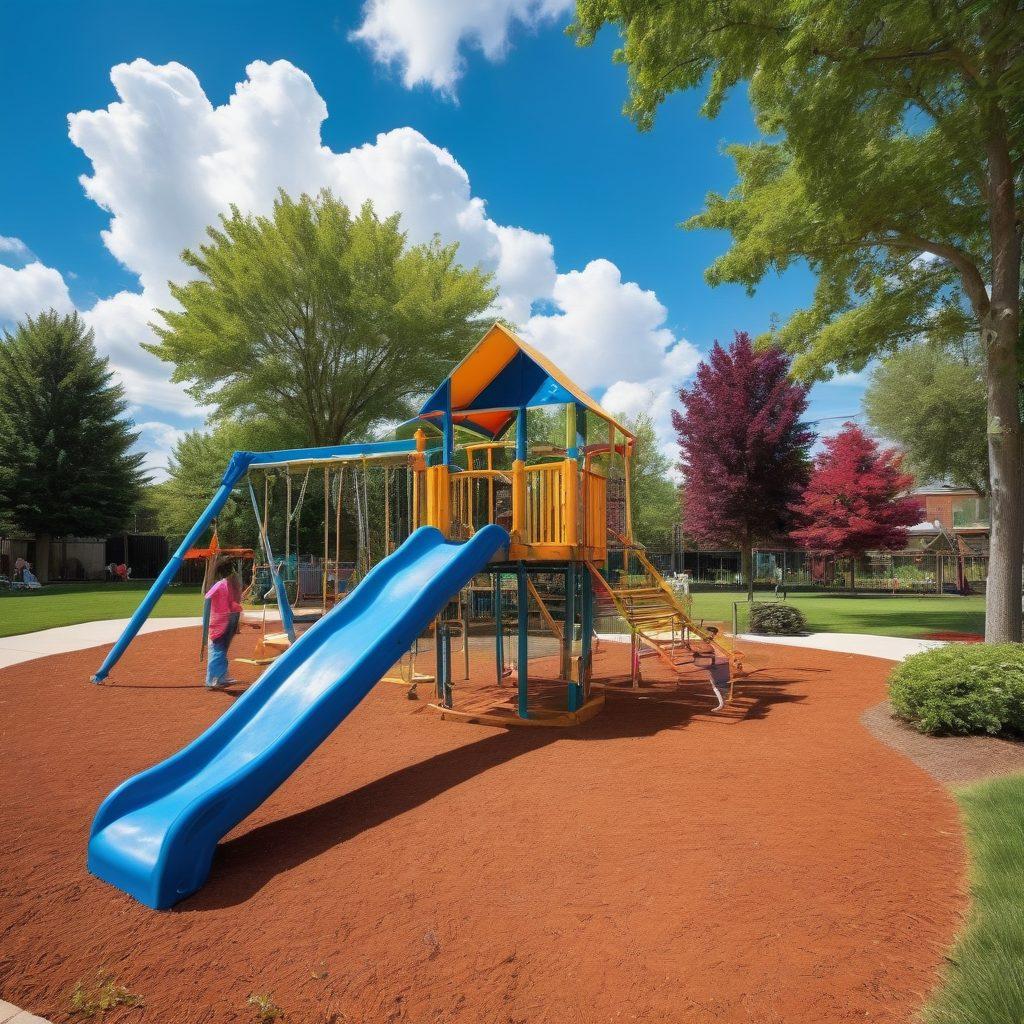 A vibrant and colorful playground scene filled with laughing children playing on swings, slides, and climbing structures. Families are enjoying the space, with parents sitting on benches and interacting with their kids. Bright blue skies and fluffy white clouds add to the joyful atmosphere, while flowers and greenery surround the playground. Include elements like picnic areas and outdoor games to emphasize the family-friendly aspect. super-realistic. vivid colors. outdoor setting.