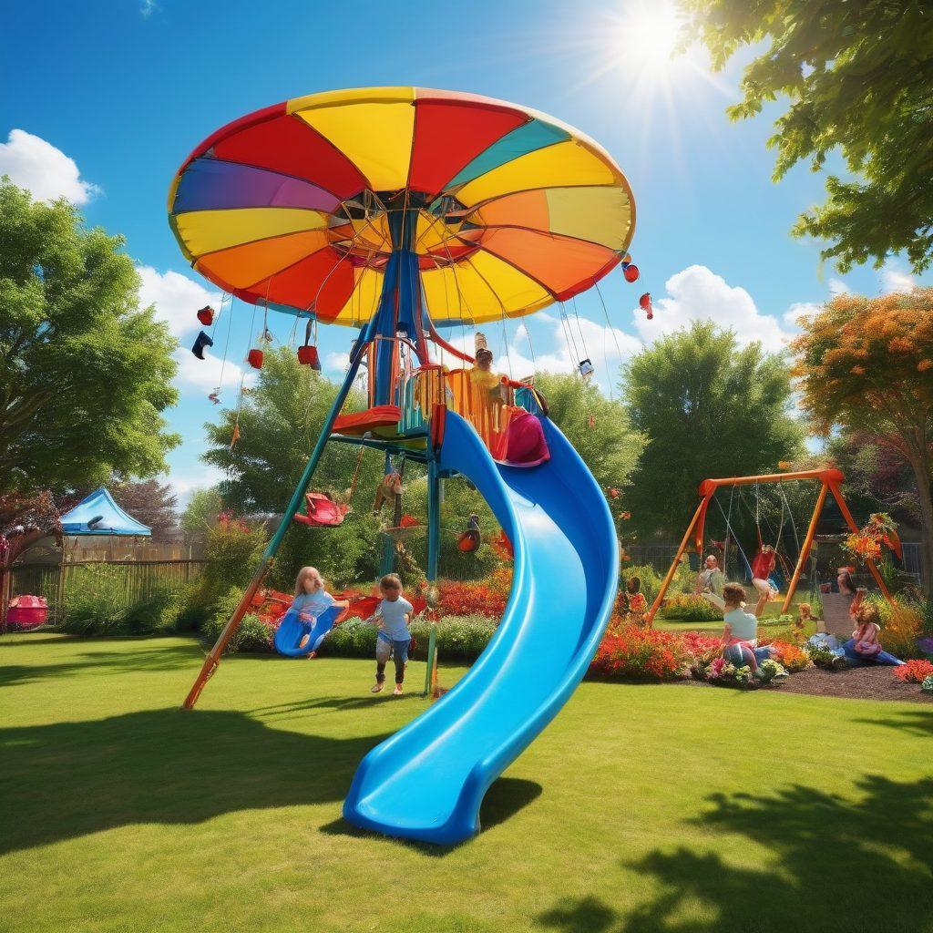 A vibrant playground scene filled with joyful children of diverse backgrounds playing on colorful swings and slides, surrounded by lush greenery and bright flowers. Include a smiling sun overhead, adding warmth and happiness to the environment. Capture the essence of laughter and playfulness, with kites flying in the sky and parents watching joyfully from a picnic blanket. super-realistic. vibrant colors. bright blue sky.